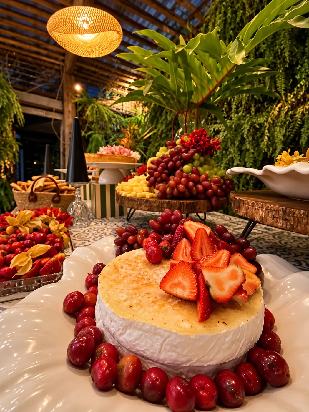 Mesa de celebração no Hukka Garden com bolo, morangos e iluminação de pendentes